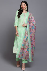 Thumbnail for Women's Cotton Green Printed Straight Kurta Pant With Dupatta - Rasiya - Distacart