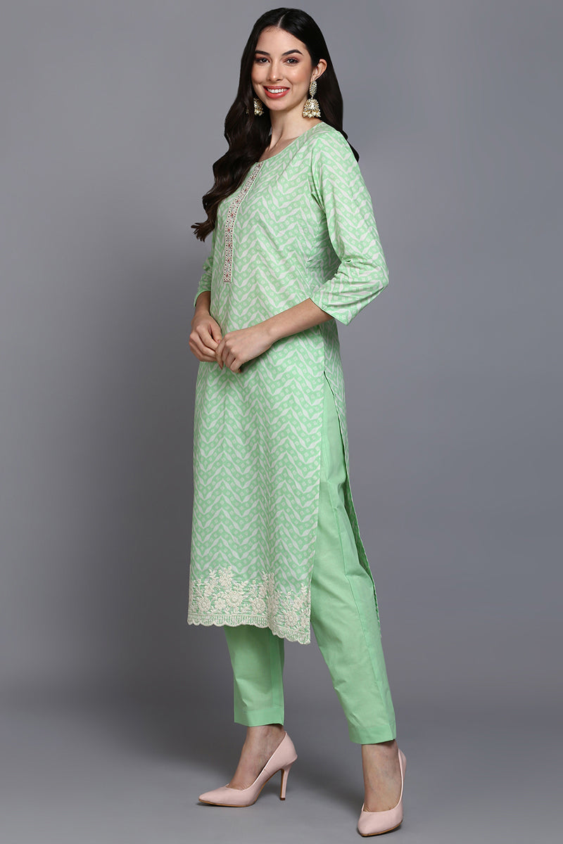 Women's Cotton Green Printed Straight Kurta Pant With Dupatta - Rasiya - Distacart