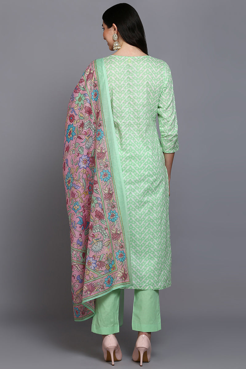 Women's Cotton Green Printed Straight Kurta Pant With Dupatta - Rasiya - Distacart