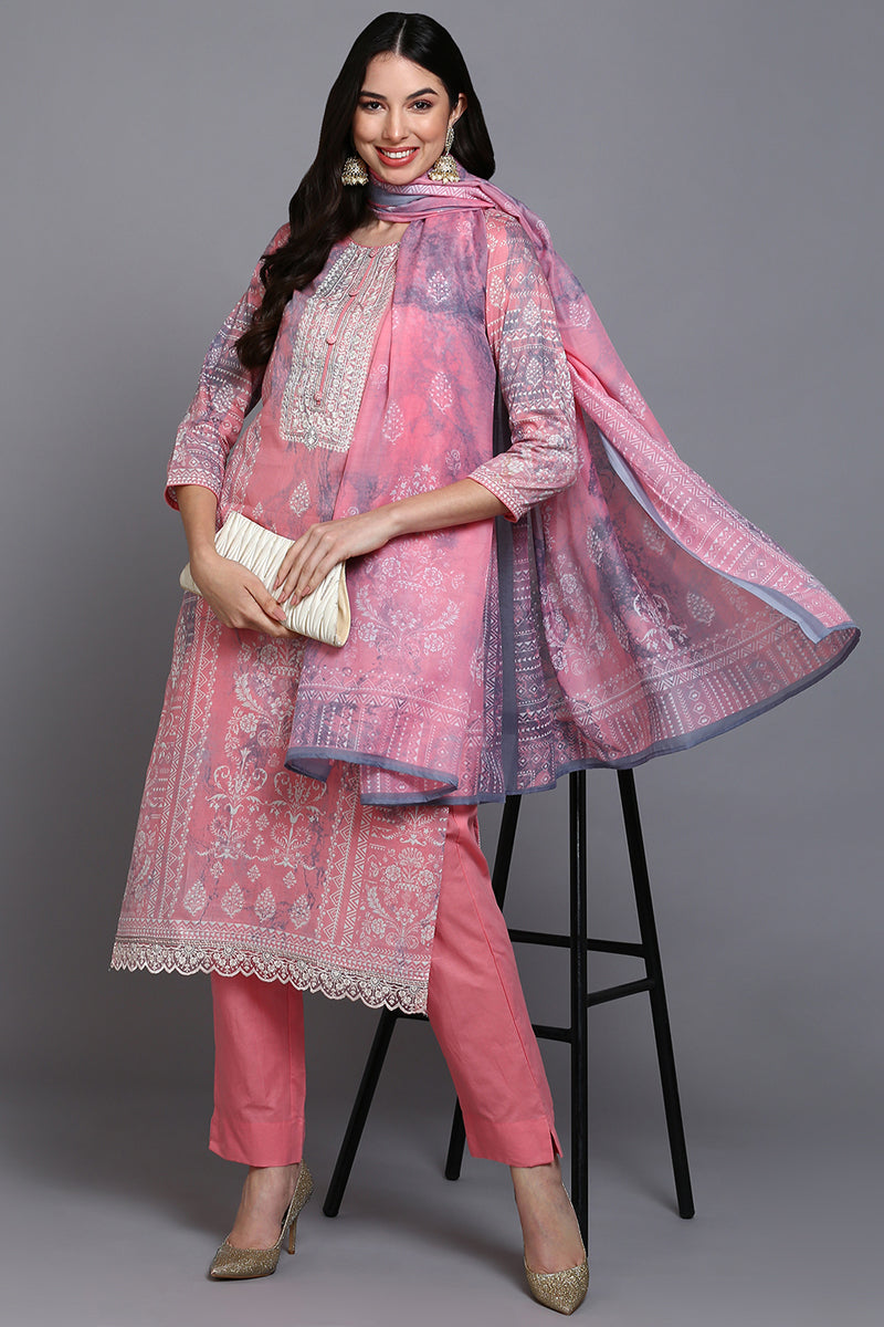 Women's Cotton Peach Printed Straight Kurta Pant With Dupatta - Rasiya - Distacart