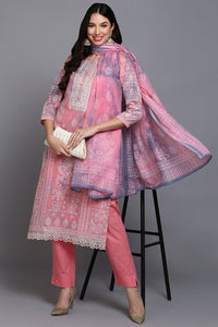 Thumbnail for Women's Cotton Peach Printed Straight Kurta Pant With Dupatta - Rasiya - Distacart