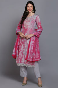 Thumbnail for Women's Cotton Grey Printed Straight Kurta Pant With Dupatta - Rasiya - Distacart