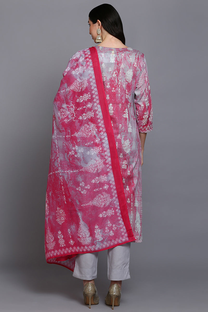 Women's Cotton Grey Printed Straight Kurta Pant With Dupatta - Rasiya - Distacart