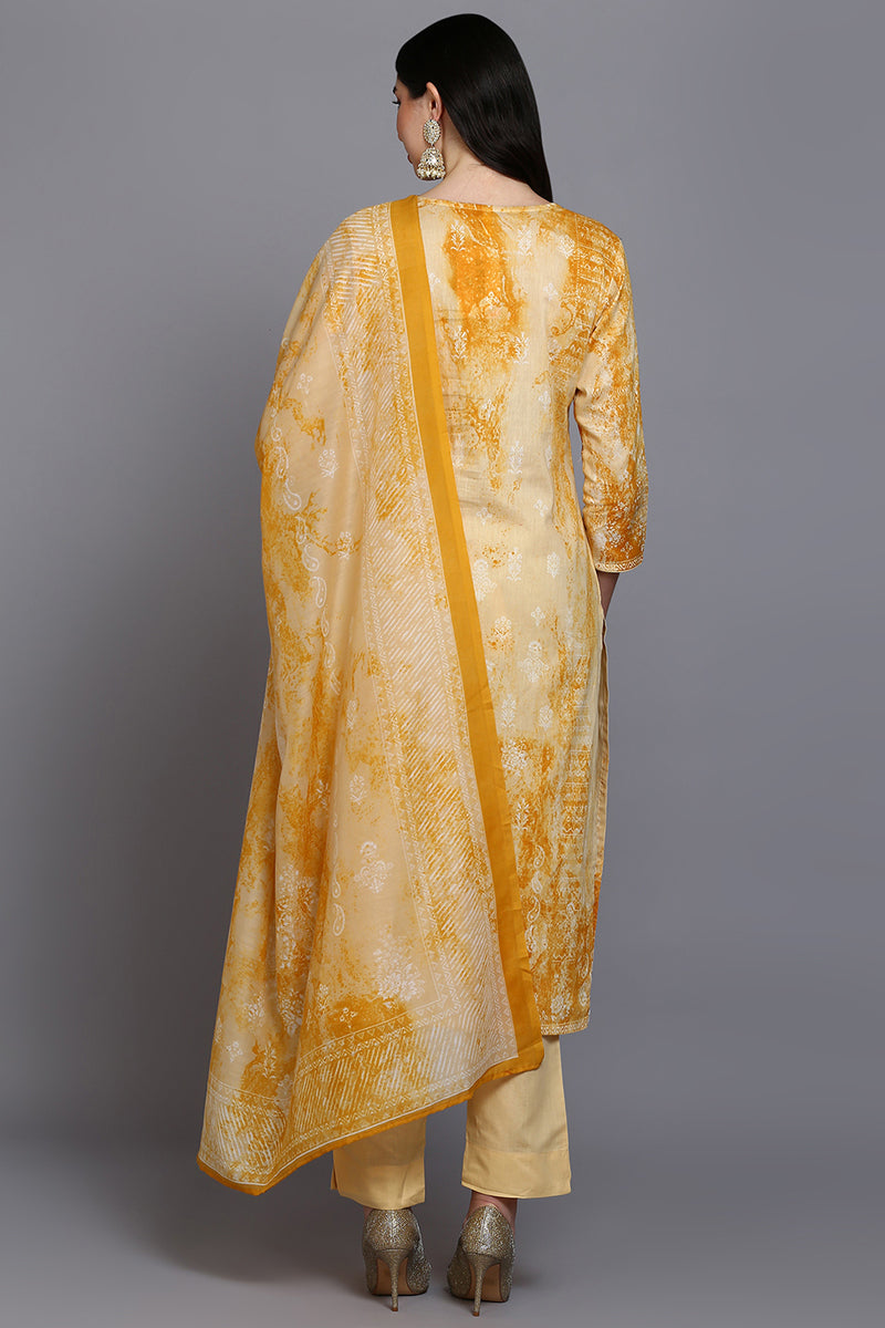 Women's Cotton Off-White Printed Straight Kurta Pant With Dupatta - Rasiya - Distacart