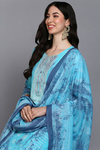Thumbnail for Women's Cotton Blue Printed Straight Kurta Pant With Dupatta - Rasiya - Distacart