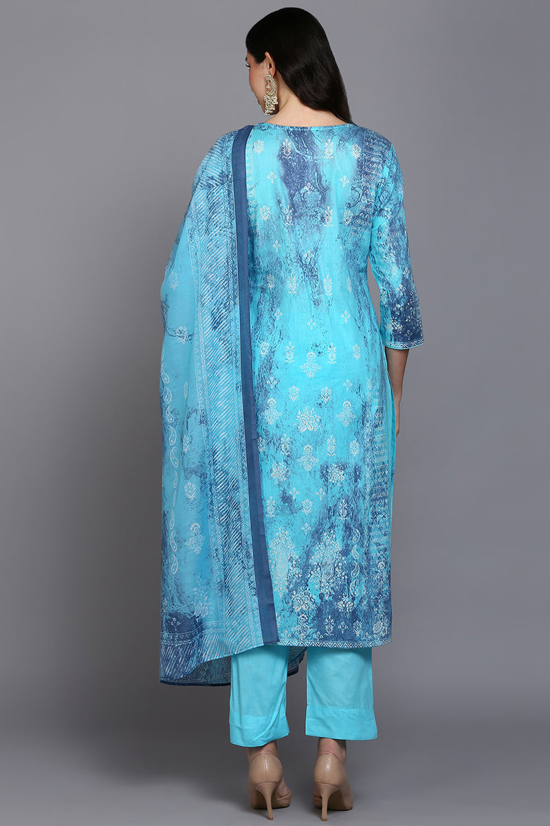 Women's Cotton Blue Printed Straight Kurta Pant With Dupatta - Rasiya - Distacart