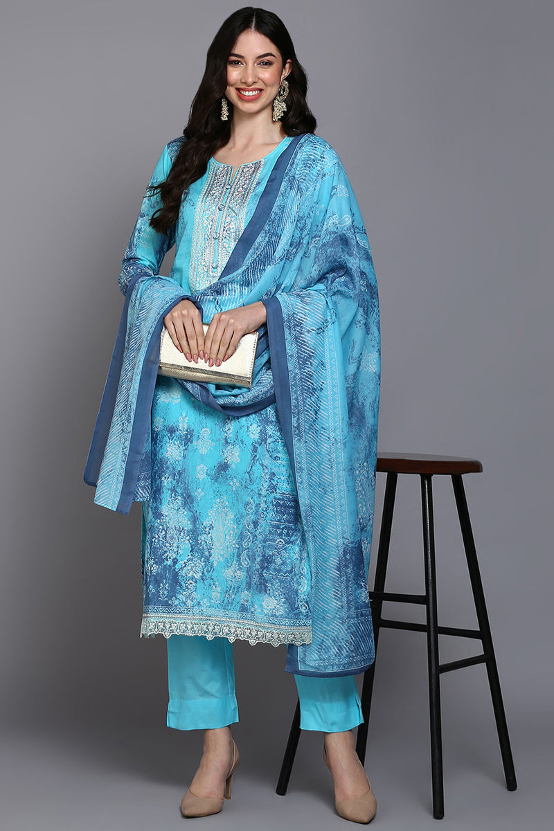 Women's Cotton Blue Printed Straight Kurta Pant With Dupatta - Rasiya - Distacart