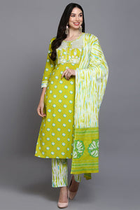 Thumbnail for Women's Cotton Green Bandhani Printed Straight Kurta Pant With Dupatta - Rasiya - Distacart
