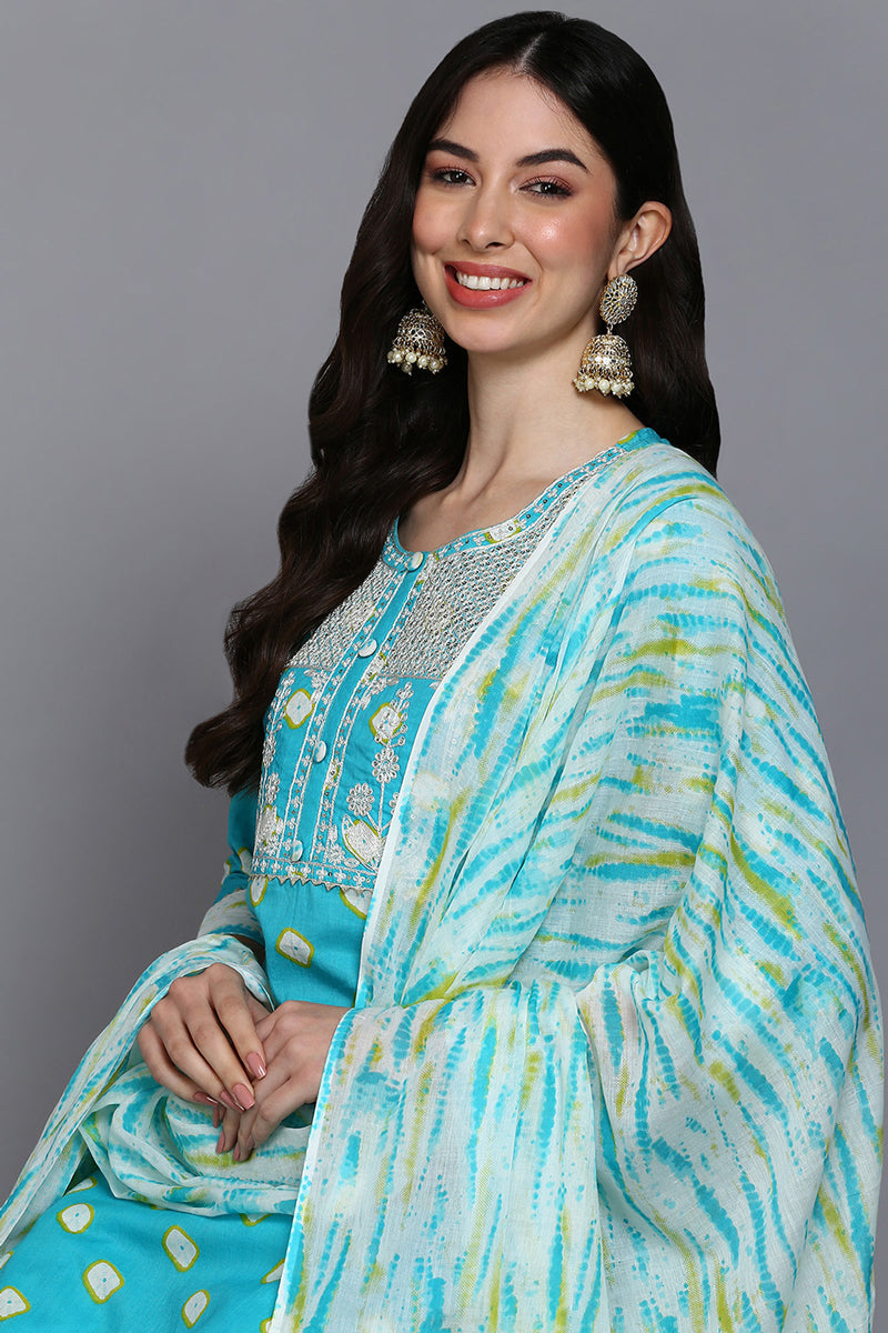 Women's Cotton Blue Bandhani Printed Straight Kurta Pant With Dupatta - Rasiya - Distacart
