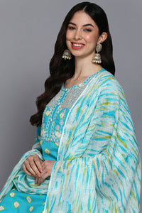 Thumbnail for Women's Cotton Blue Bandhani Printed Straight Kurta Pant With Dupatta - Rasiya - Distacart