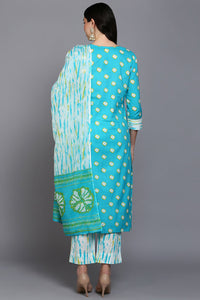 Thumbnail for Women's Cotton Blue Bandhani Printed Straight Kurta Pant With Dupatta - Rasiya - Distacart