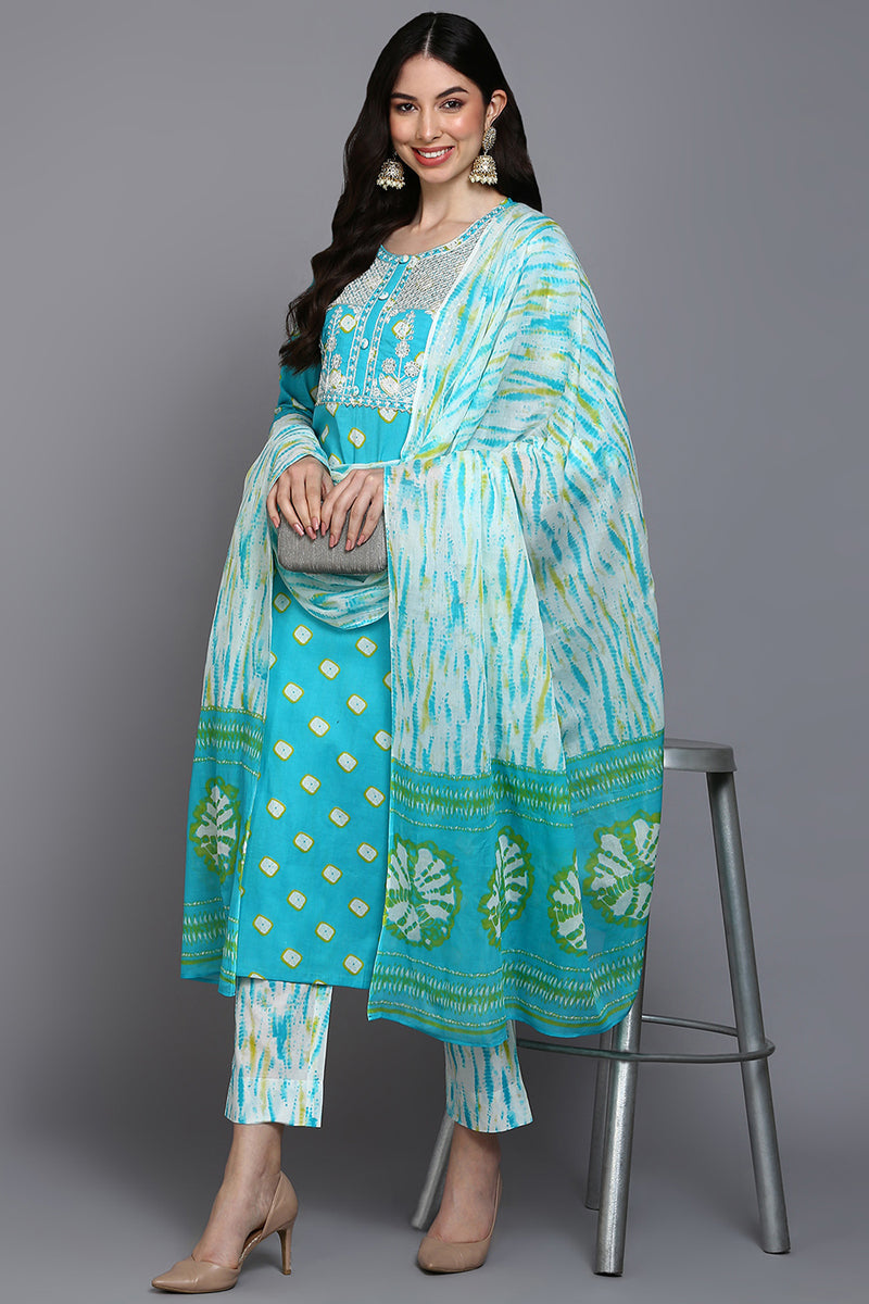 Women's Cotton Blue Bandhani Printed Straight Kurta Pant With Dupatta - Rasiya - Distacart