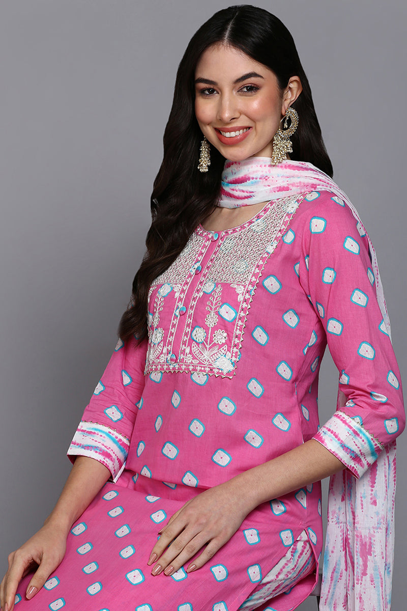 Women's Cotton Pink Bandhani Printed Straight Kurta Pant With Dupatta - Rasiya - Distacart