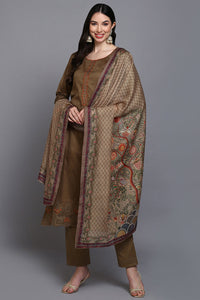 Thumbnail for Women's Cotton Khaki Embroidered Straight Kurta Pant With Dupatta - Rasiya - Distacart