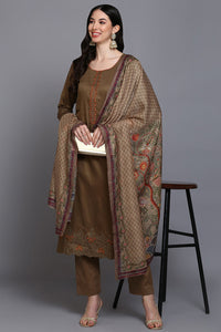 Thumbnail for Women's Cotton Khaki Embroidered Straight Kurta Pant With Dupatta - Rasiya - Distacart
