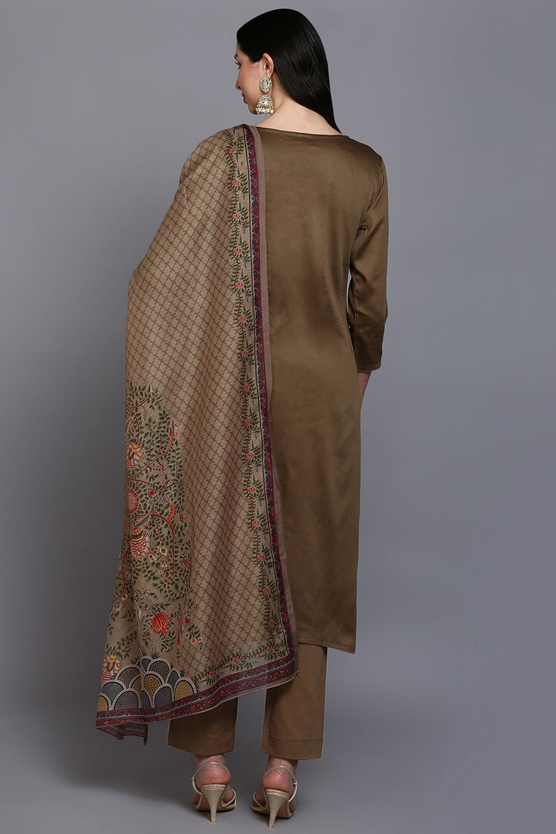 Women's Cotton Khaki Embroidered Straight Kurta Pant With Dupatta - Rasiya - Distacart
