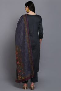 Thumbnail for Women's Cotton Grey Embroidered Straight Kurta Pant With Dupatta - Rasiya - Distacart