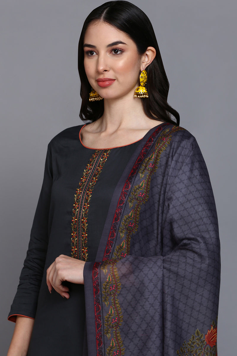 Women's Cotton Grey Embroidered Straight Kurta Pant With Dupatta - Rasiya - Distacart