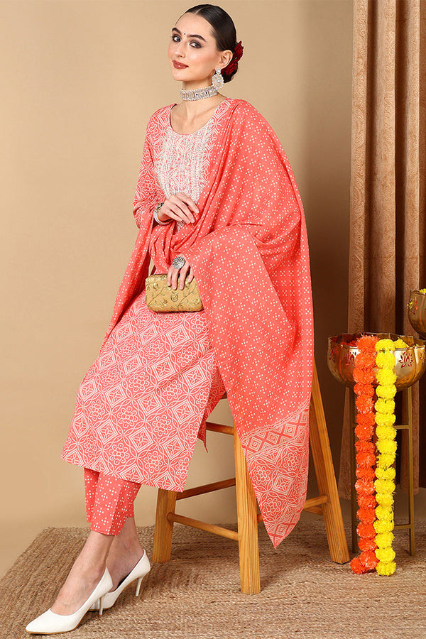 Plus Size Bandhani Printed Chinon Straight Suit Set With Dupatta main image 1