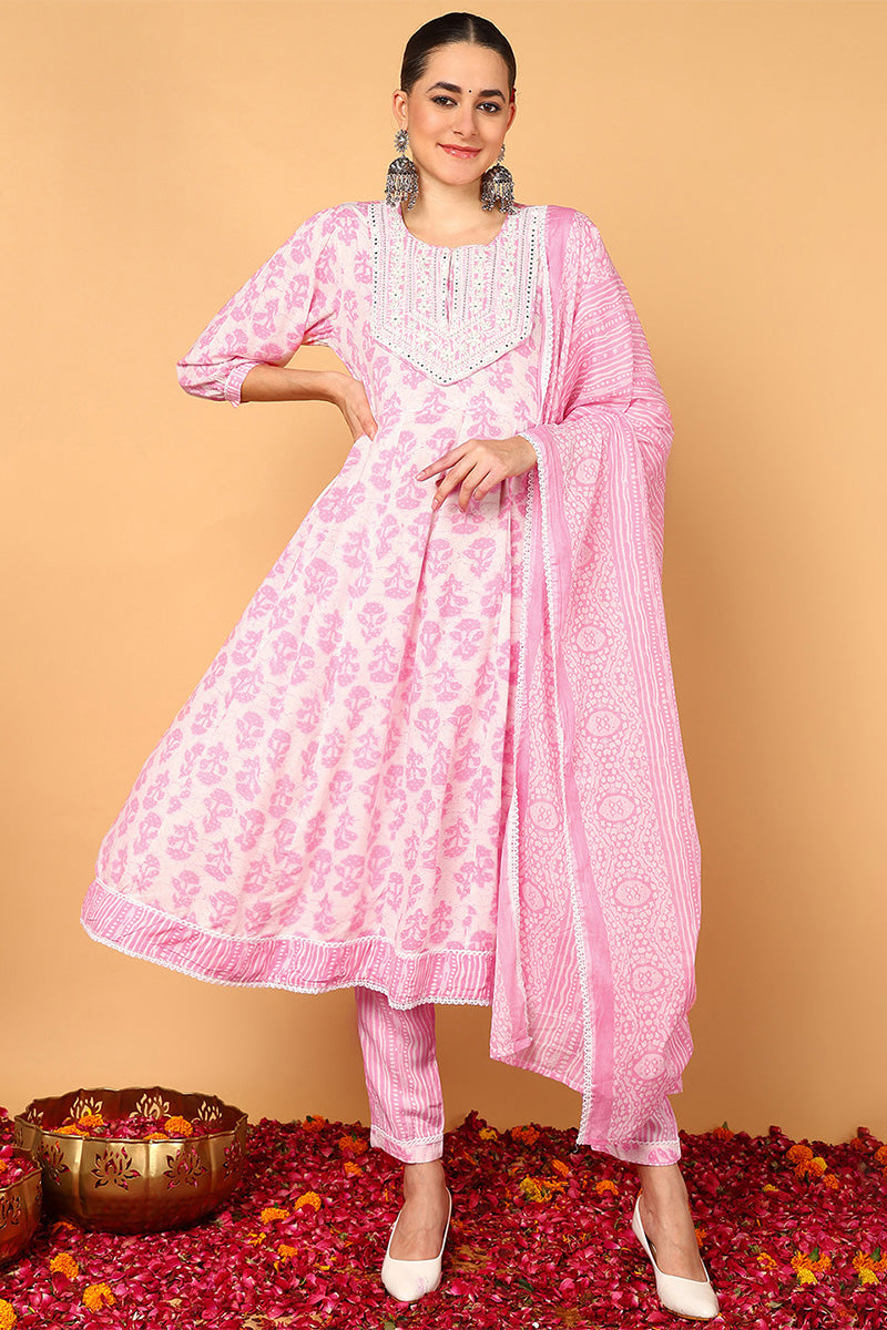 Women's Plus Size Pink Viscose Rayon Ethnic Motifs Printed Flared Suit Set - Rasiya - Distacart