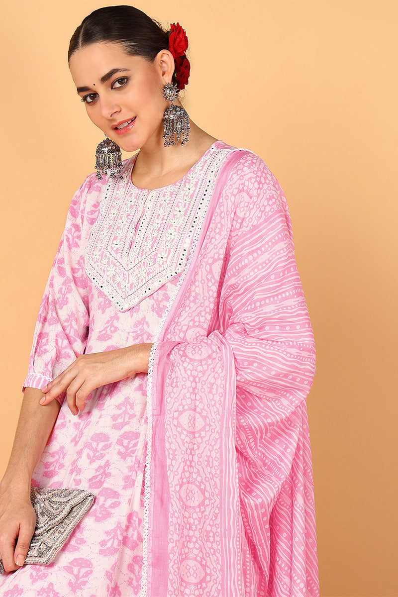 Women's Plus Size Pink Viscose Rayon Ethnic Motifs Printed Flared Suit Set - Rasiya - Distacart