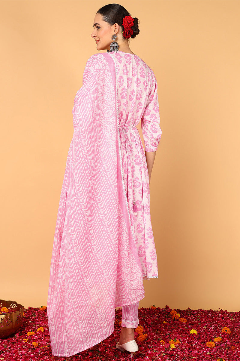 Women's Plus Size Pink Viscose Rayon Ethnic Motifs Printed Flared Suit Set - Rasiya - Distacart