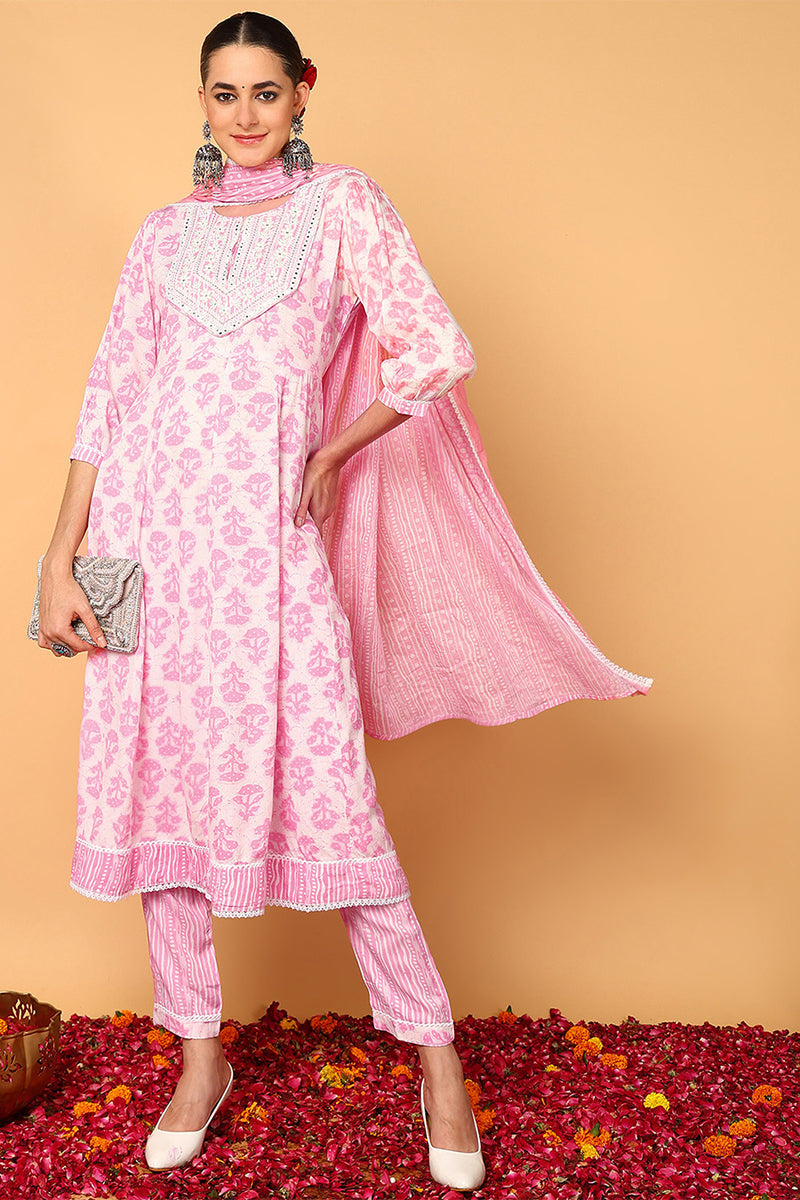 Women's Plus Size Pink Viscose Rayon Ethnic Motifs Printed Flared Suit Set - Rasiya - Distacart
