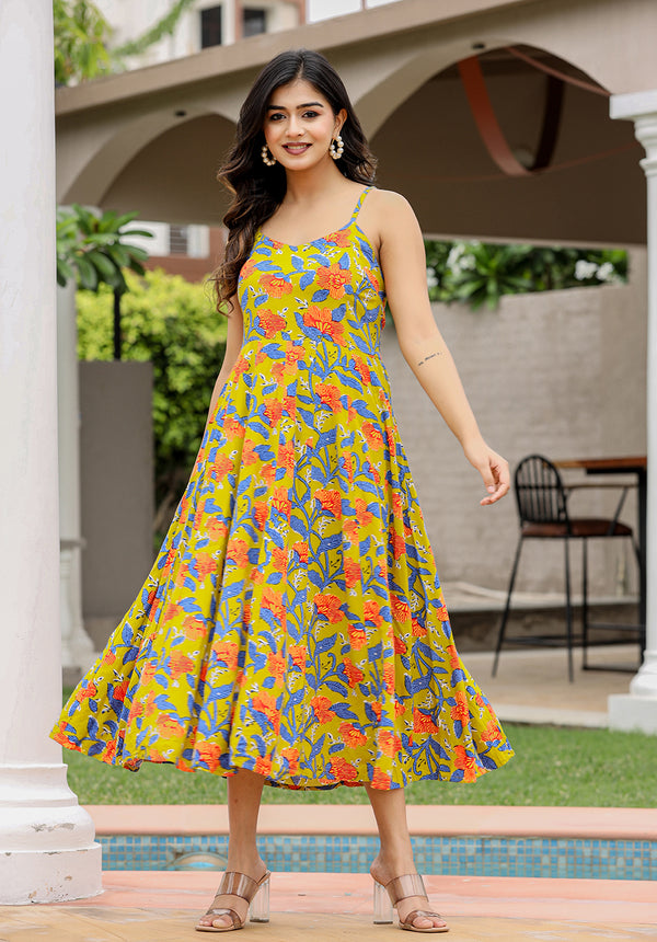 Kaajh Women's Floral Green Hand Block Print Sleeveless Dress - Distacart