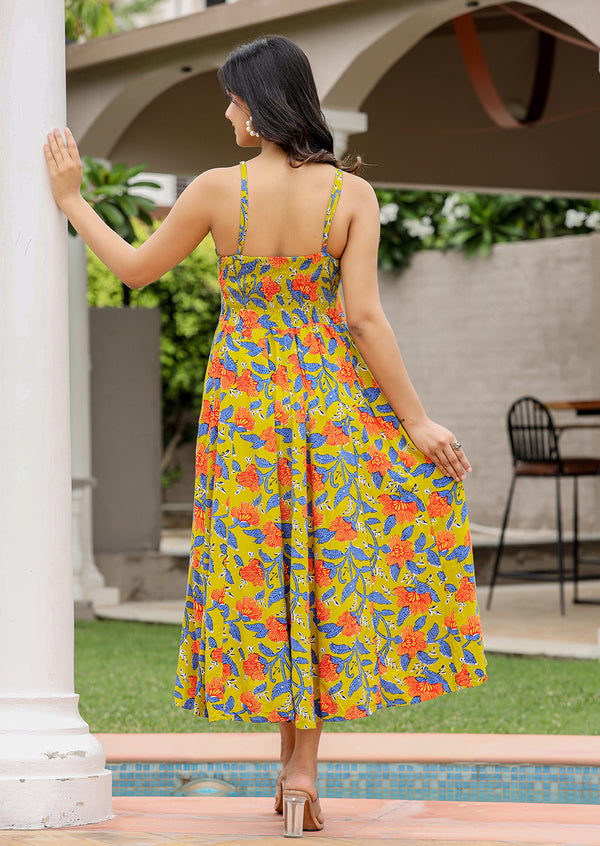 Kaajh Women's Floral Green Hand Block Print Sleeveless Dress - Distacart