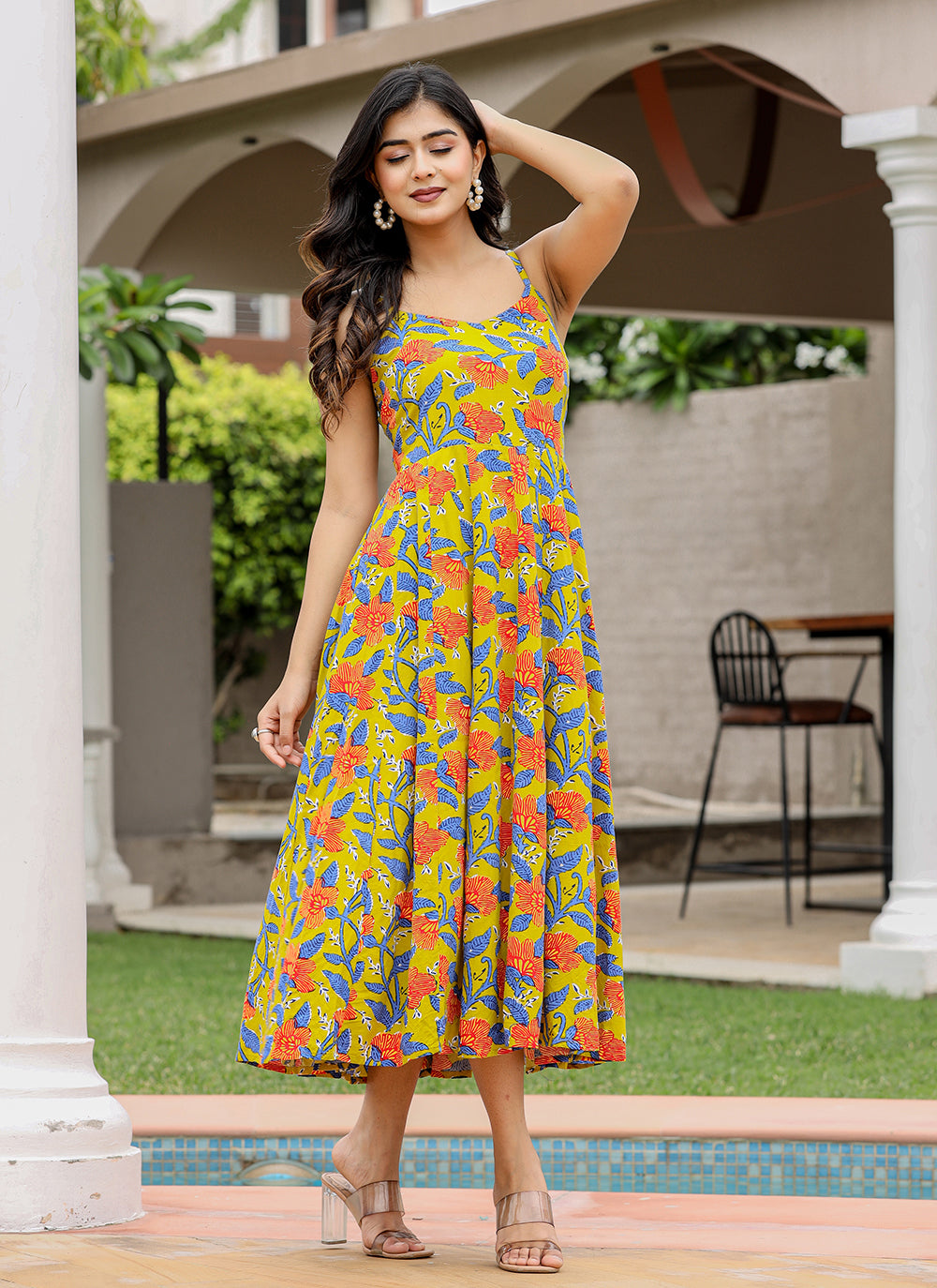 Kaajh Women's Floral Green Hand Block Print Sleeveless Dress - Distacart