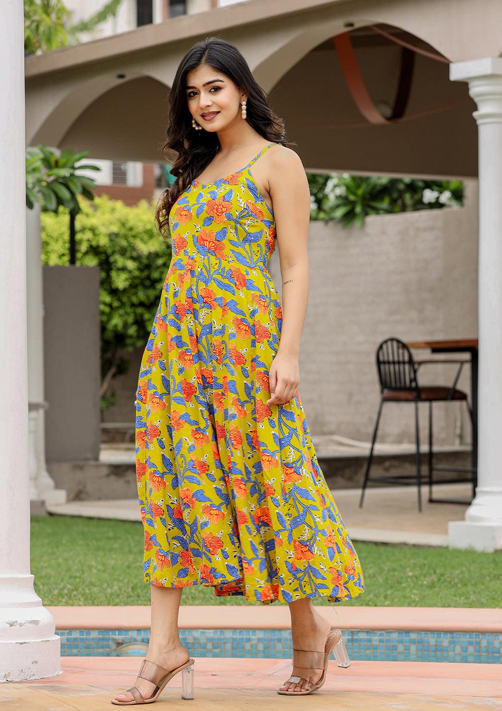 Kaajh Women's Floral Green Hand Block Print Sleeveless Dress - Distacart