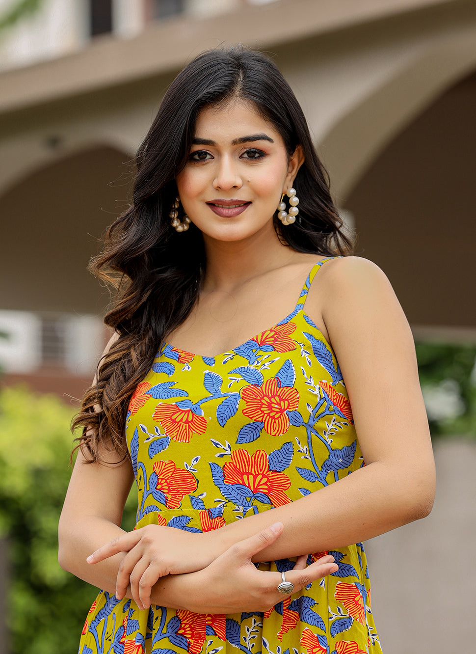 Kaajh Women's Floral Green Hand Block Print Sleeveless Dress - Distacart