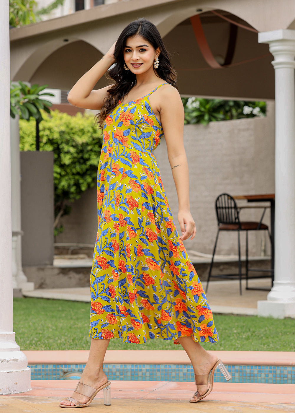 Kaajh Women's Floral Green Hand Block Print Sleeveless Dress - Distacart