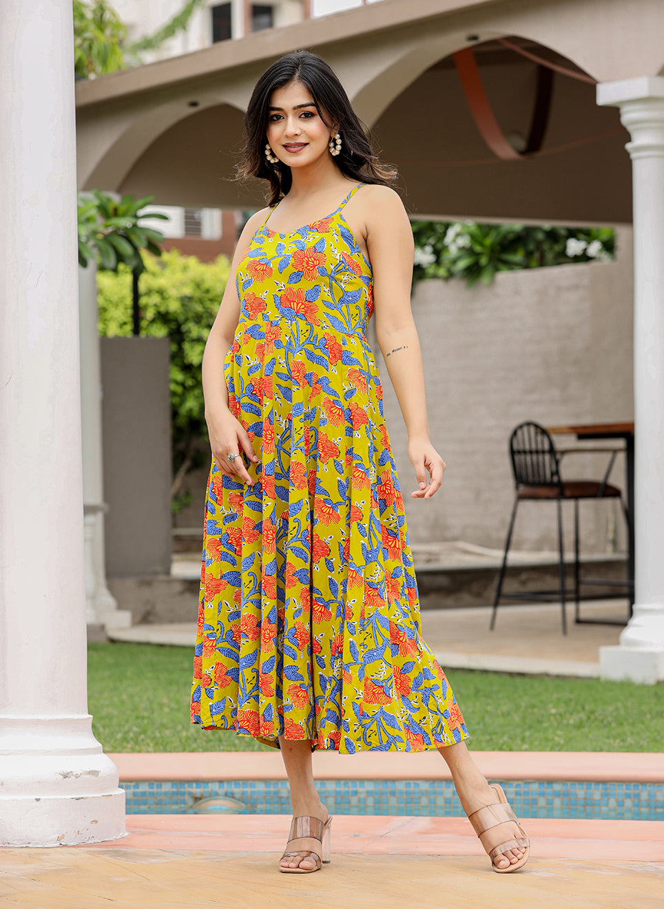 Kaajh Women's Floral Green Hand Block Print Sleeveless Dress - Distacart