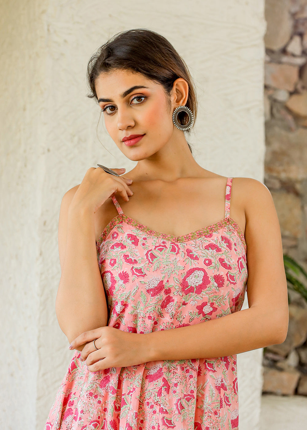 Kaajh Women's Floral Pink Hand Block Print Sleeveless Dress - Distacart