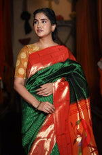 Thumbnail for Very Much Indian Triple Muniya Border Paithani- Authentic Handloom Pure Silk With Parrots Pallu - Zari Stripes - Distacart