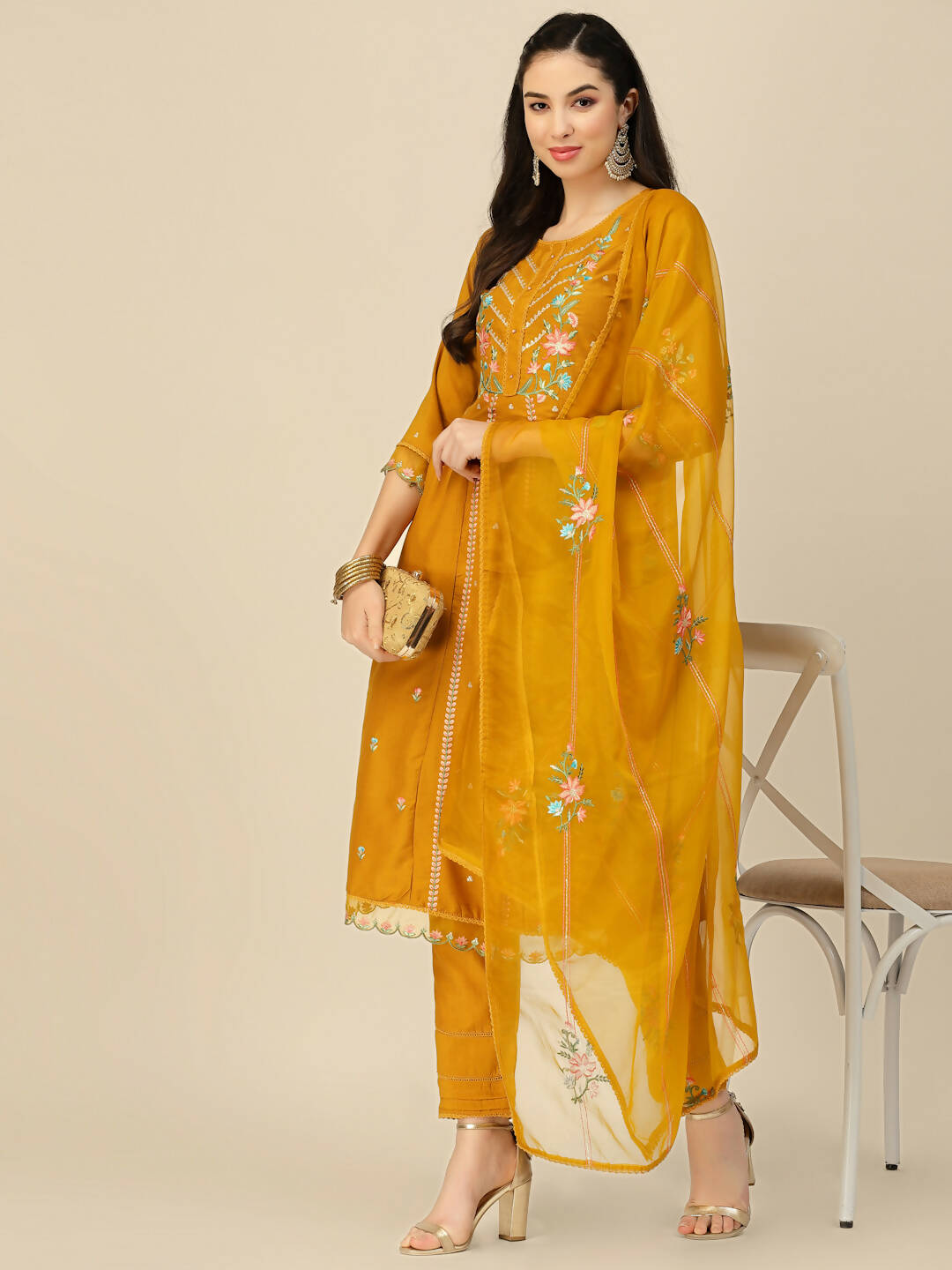 Mustard Embroidered Chinon Straight Kurta With Trouser & Dupatta - Salimar - Distacart