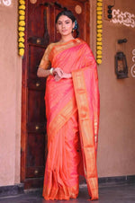 Thumbnail for Very Much Indian Raaga Handloom Silk Peach Pink Paithani - Distacart