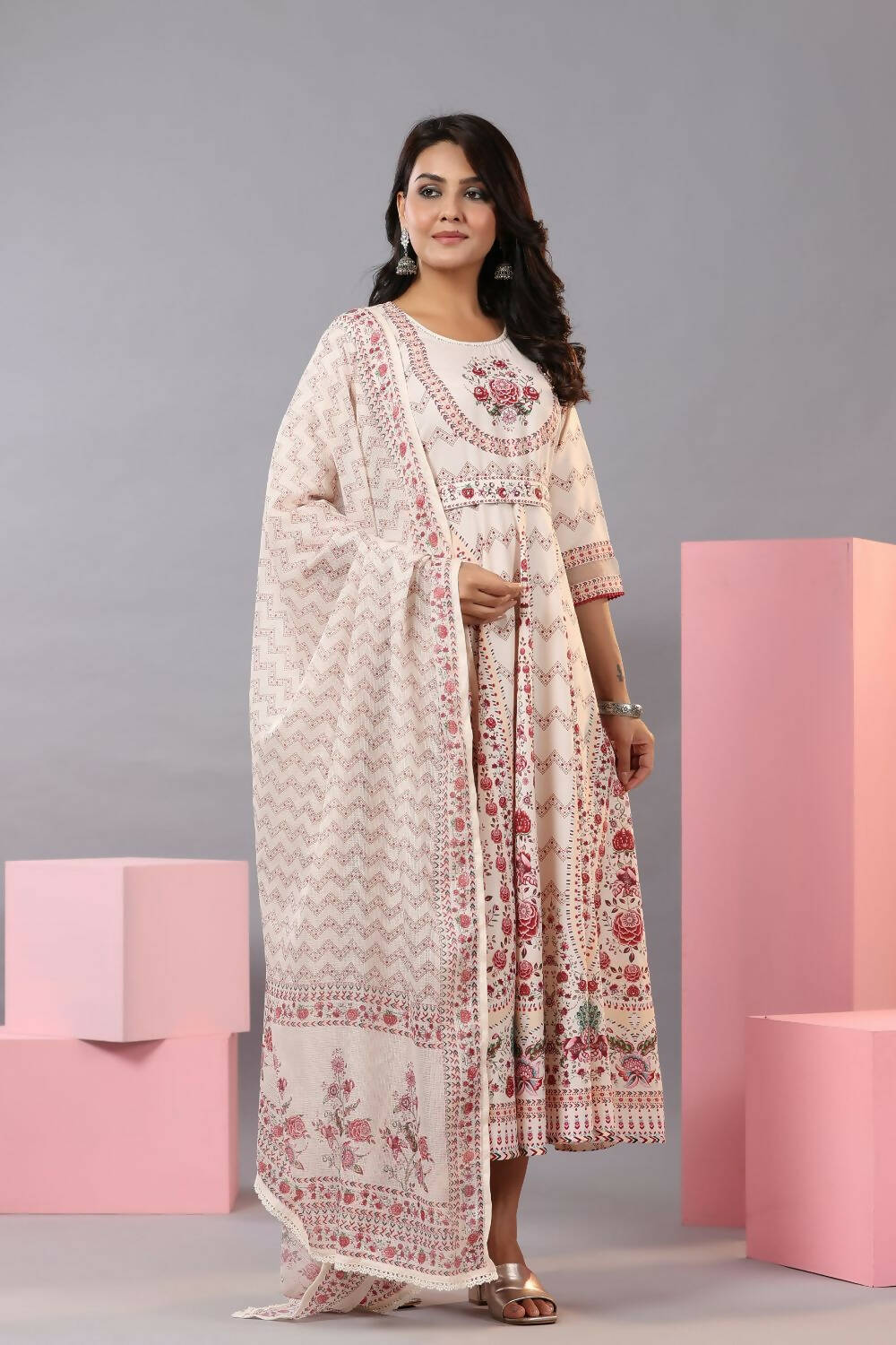 Juniper Women Ecru Rayon Floral Printed Kurta and Dupatta Set - Distacart
