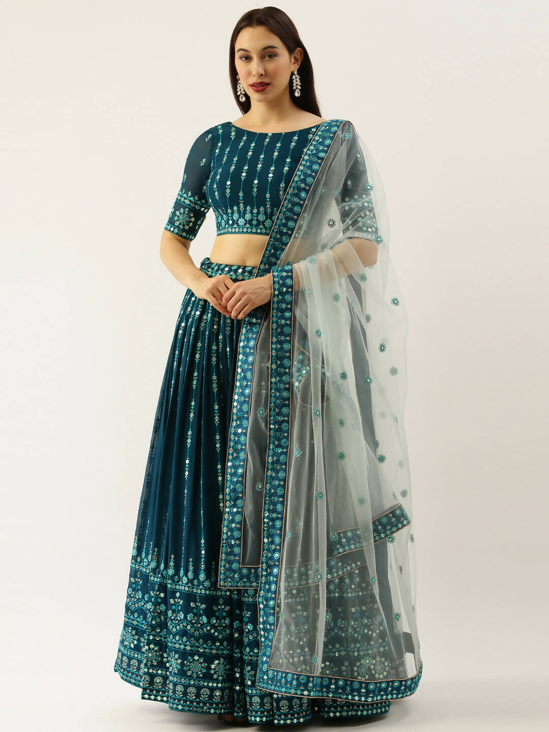 House of Panchhi Women Teal Georgette Sequins Work Lehenga & Blouse with Dupatta - Distacart