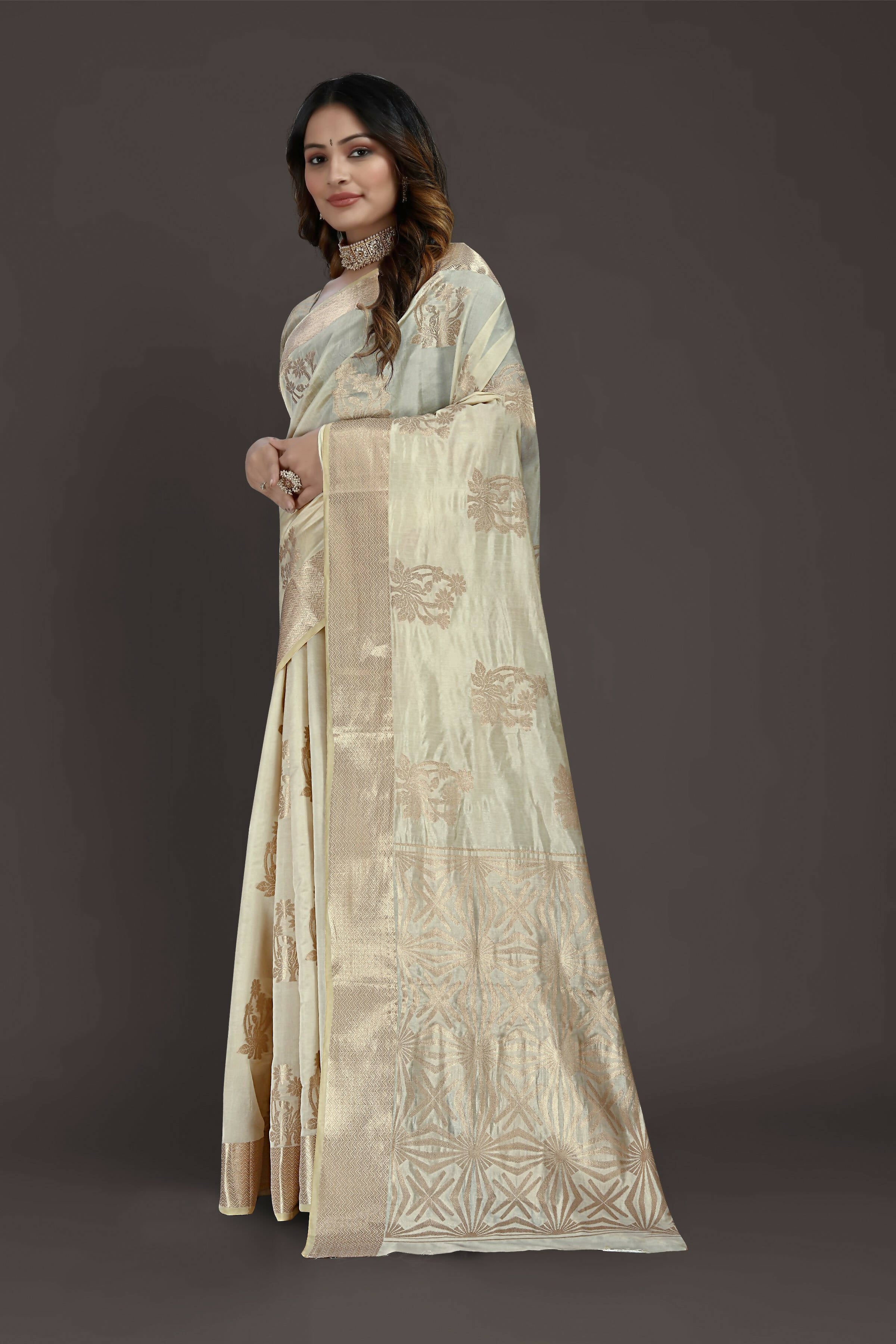 Off White Pure Raw Silk Zari Woven Saree with Unstitched Blouse Piece - Alisha - Distacart