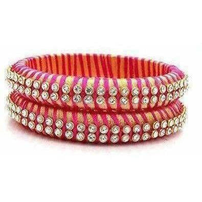 Pink Color Threaded and White Stone Bangles - Set of 2 Bangles - Distacart