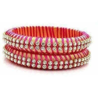 Pink Color Threaded and White Stone Bangles - Set of 2 Bangles - Distacart