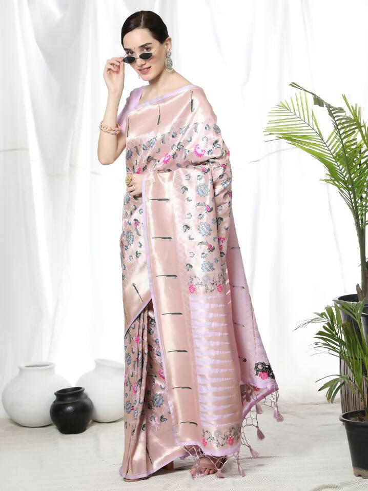 Vishnu Weaves Women's Purple Paithani Silk Zari Woven Saree with Unstitched Blouse - Distacart