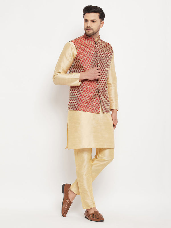 VM by Vastramay Men's Maroon And Gold Silk Blend Jacket, Kurta And Pyjama Set - Distacart