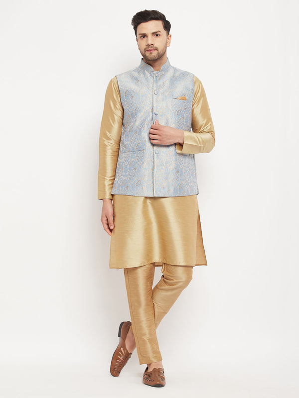 VM by Vastramay Men's Grey And Rose Gold Silk Blend Jacket, Kurta And Pyjama Set - Distacart