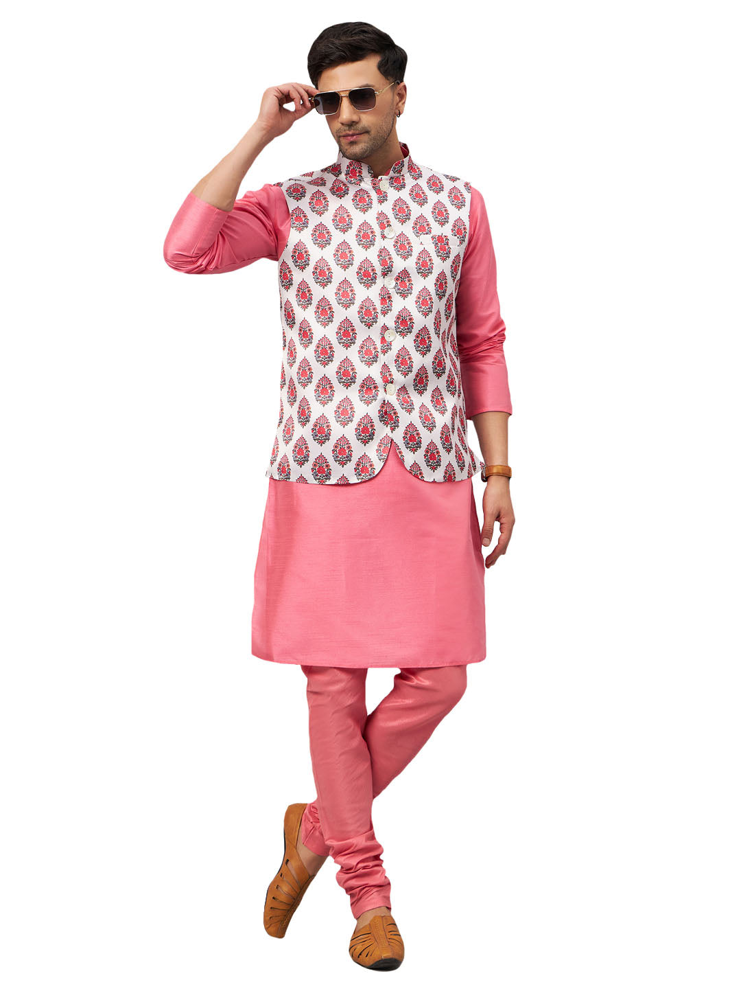 VM by Vastramay Men's Cream And Pink Silk Blend Jacket, Kurta And Pyjama Set - Distacart
