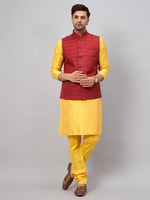 Thumbnail for VM by Vastramay Men's Yellow And Maroon Silk Blend Jacket, Kurta And Pyjama Set - Distacart