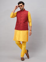 Thumbnail for VM by Vastramay Men's Yellow And Maroon Silk Blend Jacket, Kurta And Pyjama Set - Distacart
