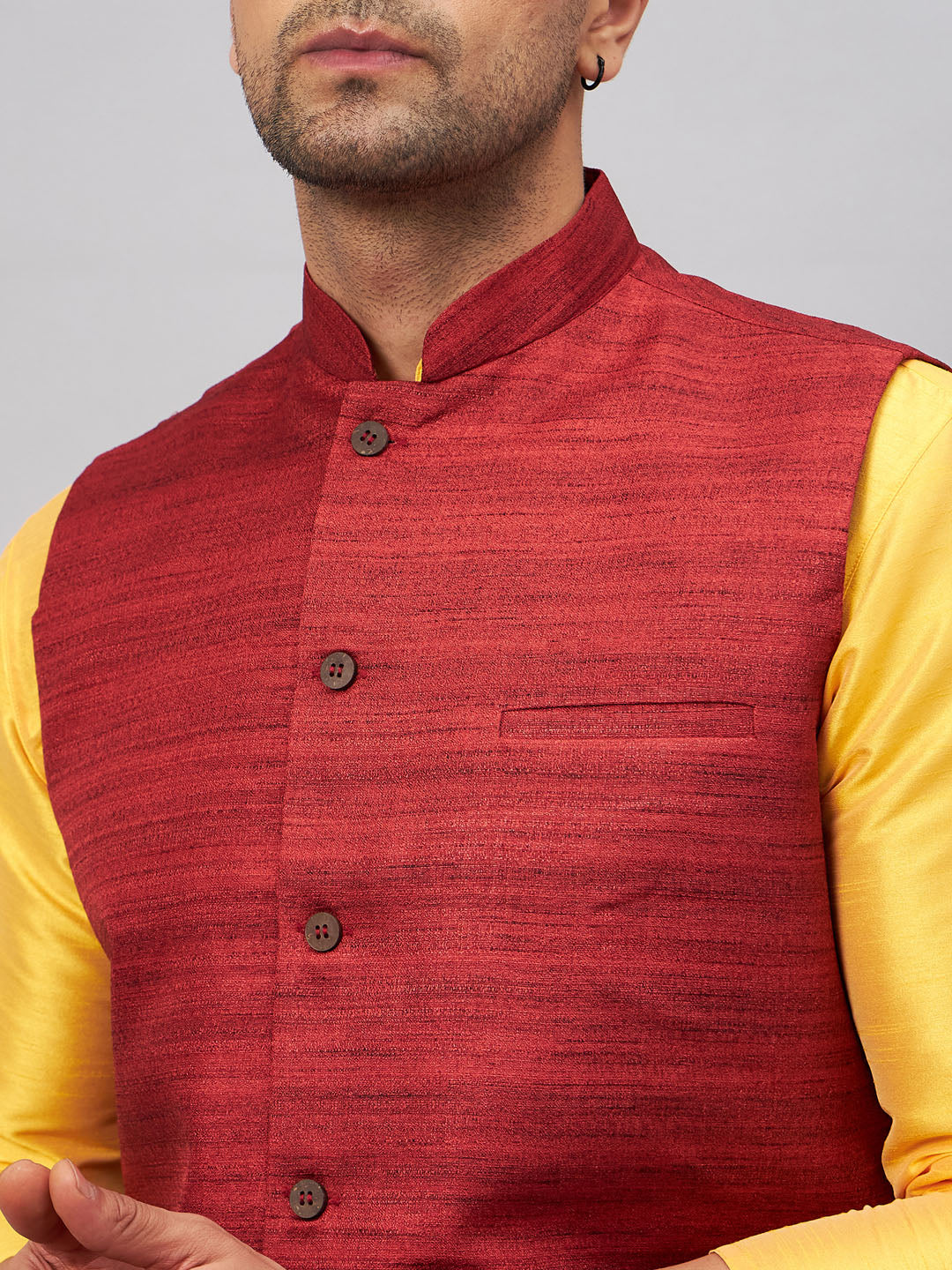 VM by Vastramay Men's Yellow And Maroon Silk Blend Jacket, Kurta And Pyjama Set - Distacart